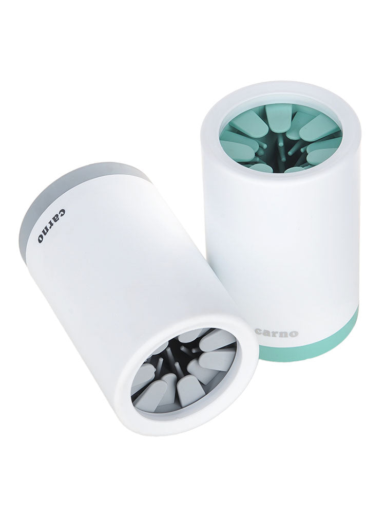 FurMates Co PawFlow Rapid Paw Cleaner cup shown in grey and mint colours with soft silicone bristles top view