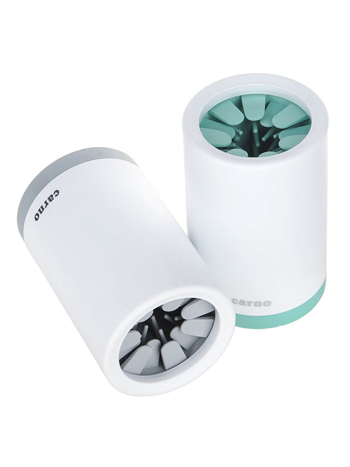 FurMates Co PawFlow Rapid Paw Cleaner cup shown in grey and mint colours with soft silicone bristles top view