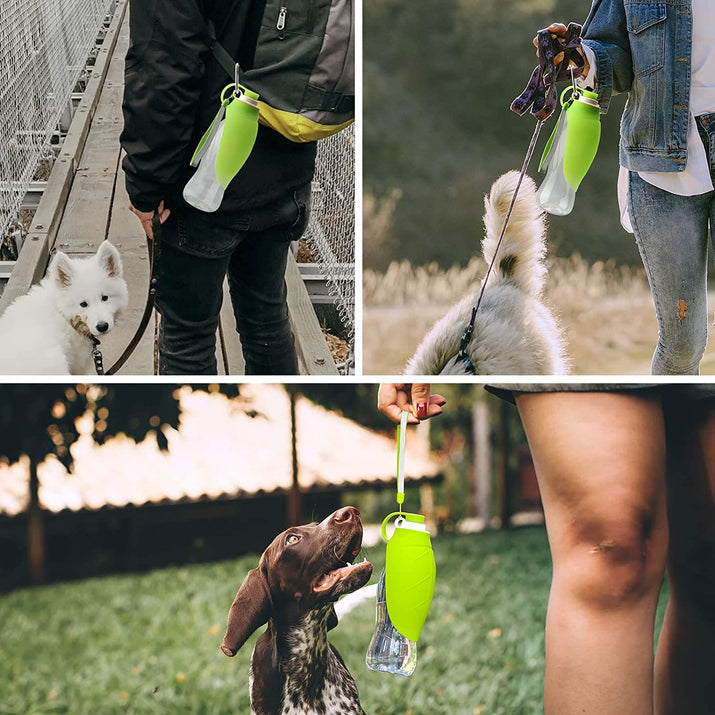FurMates Co HydroFlip portable dog water bottle in use during walks and travel with multiple lifestyle angles