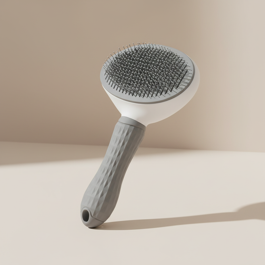 FurMates Co ShedSweep self-cleaning dog grooming brush in grey with fine stainless steel bristles and ergonomic grey handle